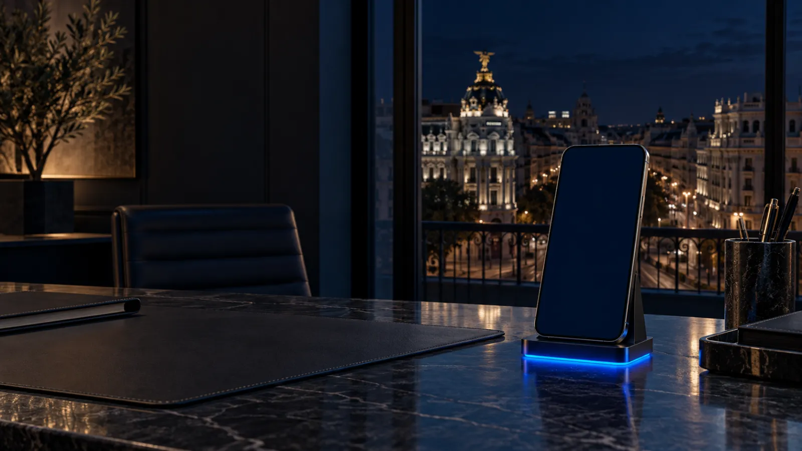 Móvil en un soporte con luz azul sobre una mesa, de noche, con Madrid al fondo