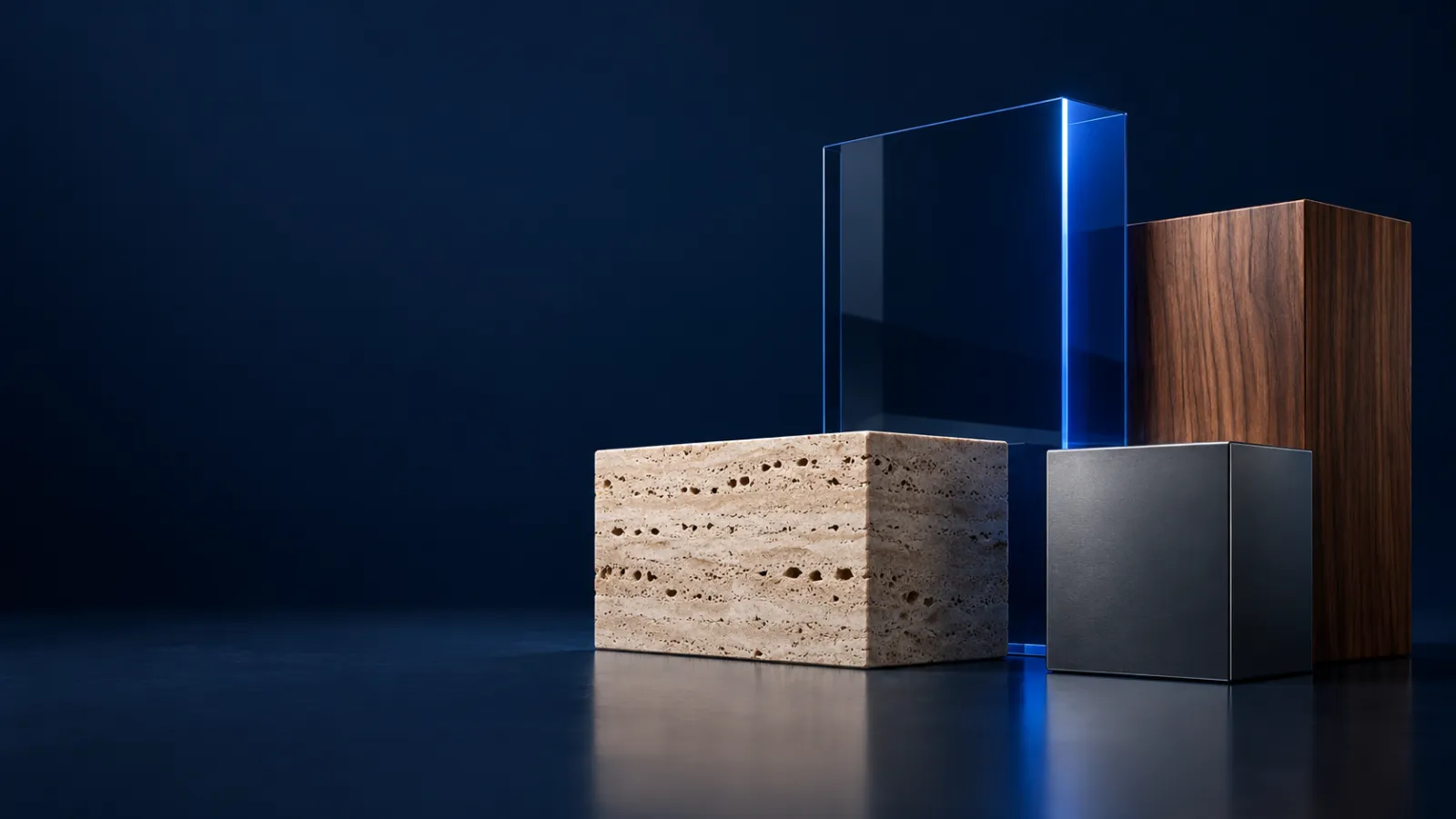 Bloques de piedra, madera y vidrio con una luz azul en el centro