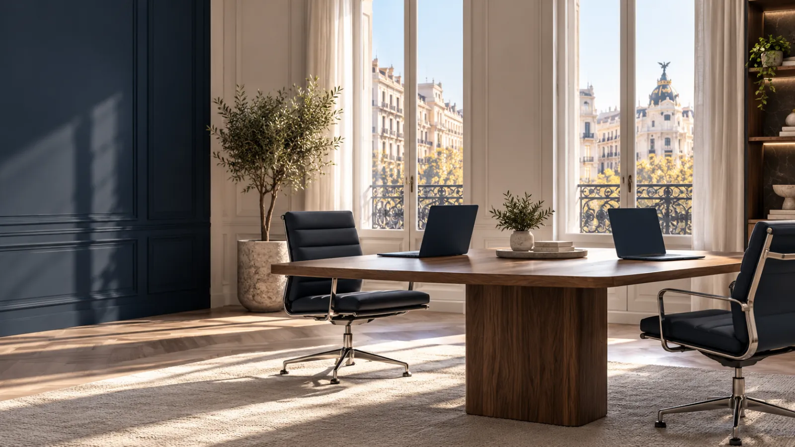 Mesa de trabajo con dos puestos en una oficina luminosa de Madrid