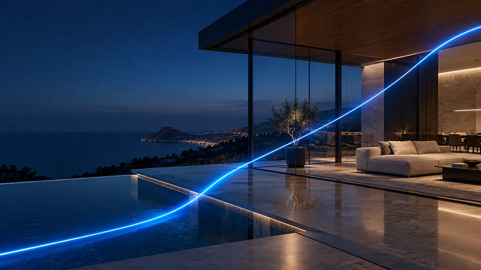 Un hilo de luz azul que recorre una casa moderna con vistas al mar, de noche