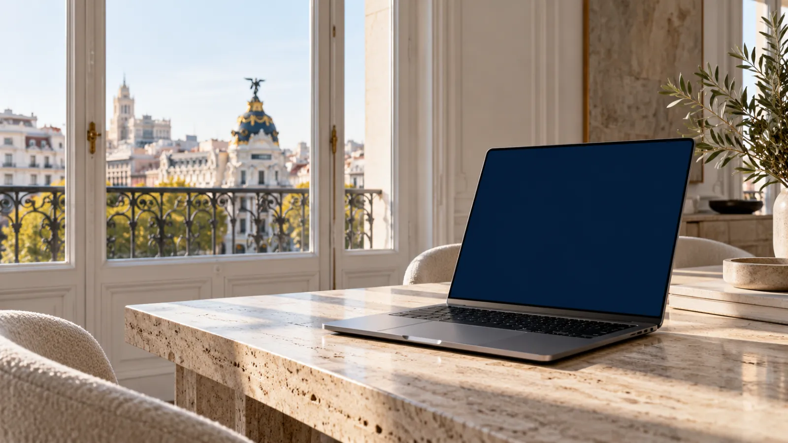 Portátil abierto sobre una mesa en un salón luminoso