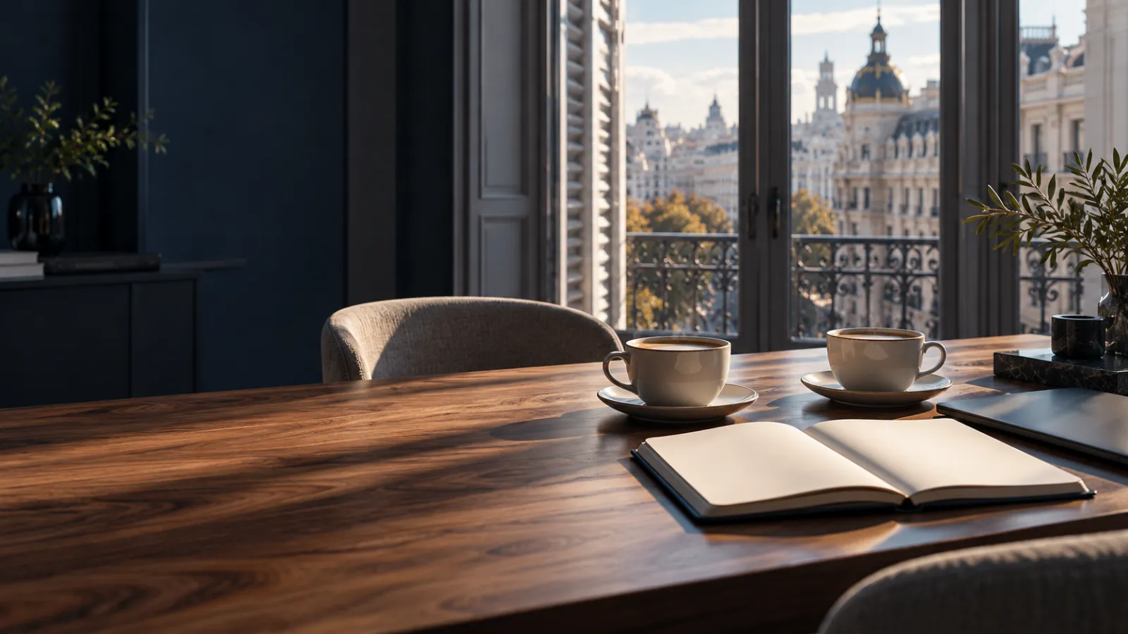 Dos tazas de café y un cuaderno en una mesa de trabajo con luz de mañana