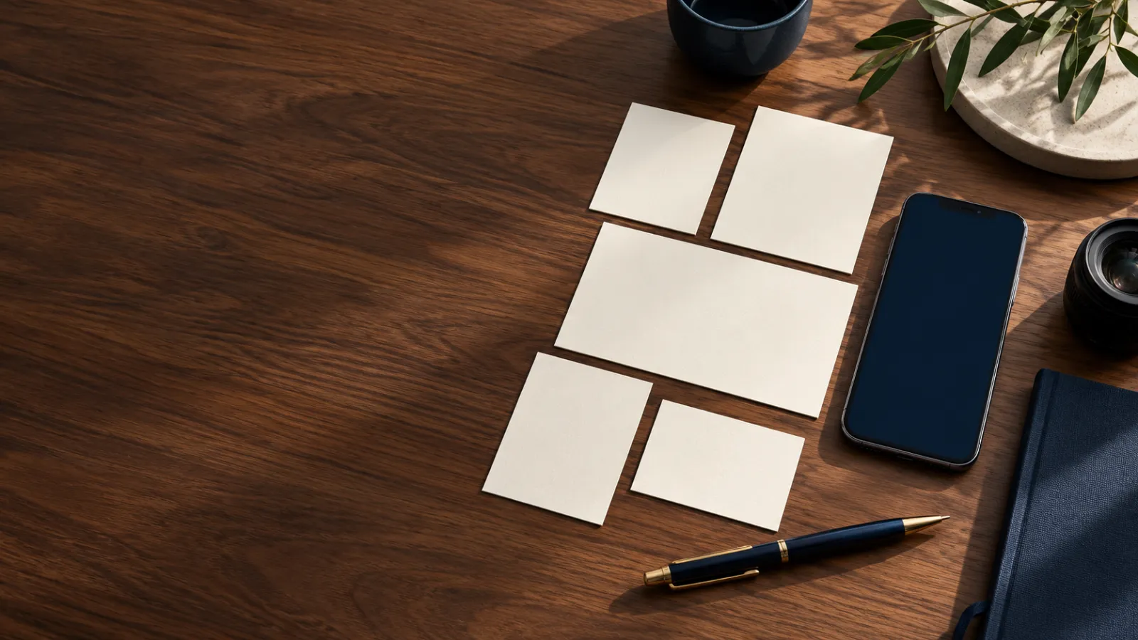Tarjetas de papel y un móvil sobre una mesa de madera, como un plan de contenidos