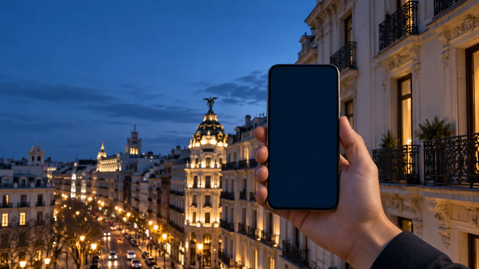 Mano sosteniendo un móvil frente a edificios de Madrid a la hora azul