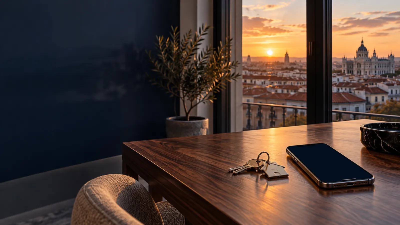 Llaves de casa y un móvil sobre una mesa junto a una ventana con tejados de Madrid al atardecer