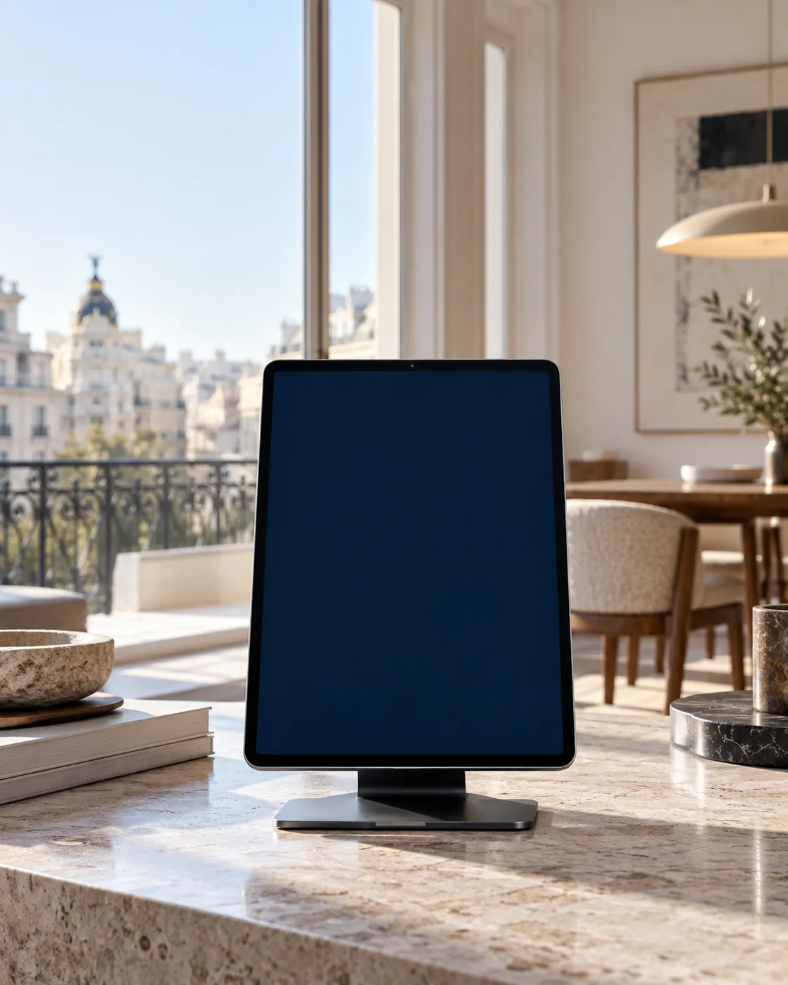 Una tableta en vertical en un salón con vistas a Madrid